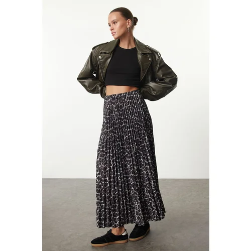 Trendyol Dark Brown Pleated Leopard Printed Stretchy Knitted Skirt