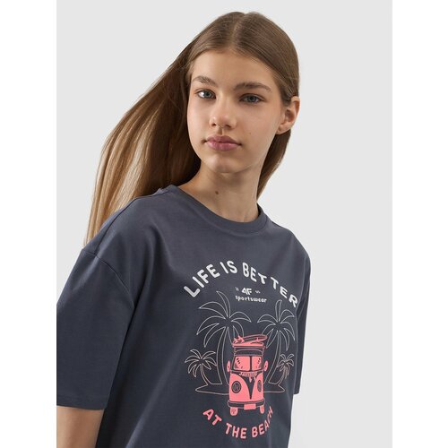 4f Girls' oversize T-shirt with print - grey Cene