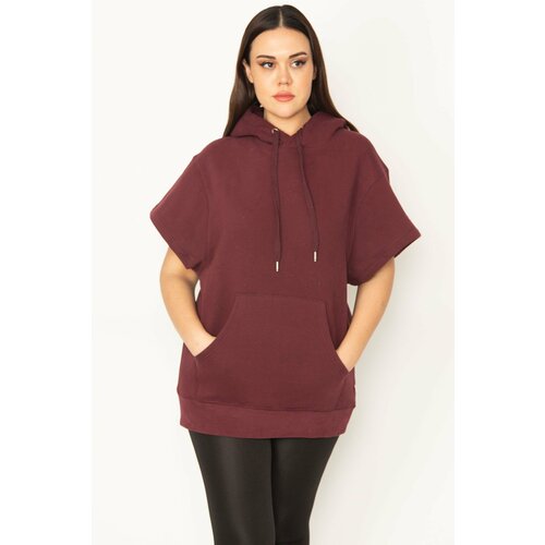 Şans Women's Plus Size Damson 3 Thread Raised Kangaroo Pocket And Hooded Short Sleeve Sweatshirt Slike