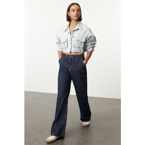 Trendyol Dark Blue Striped High Waist Wide Leg Jeans Slike