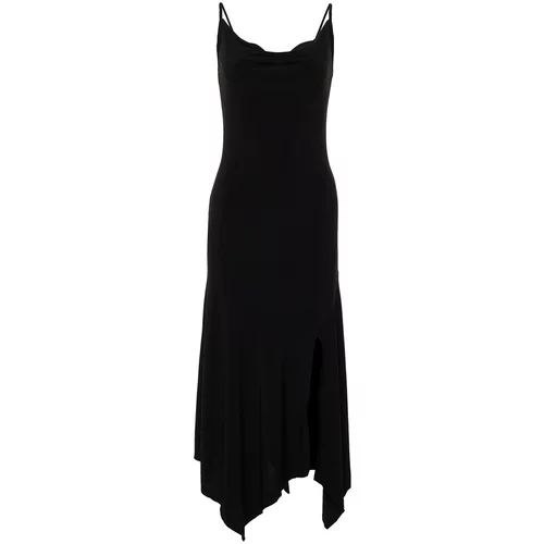 Trendyol Black Polka Dot Collar Strap Body-Shouldered Elastic Knitted Midi Dress