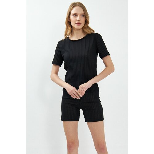 armonika Women's Black Corded Short Sleeve Shorts Pajamas Set Cene