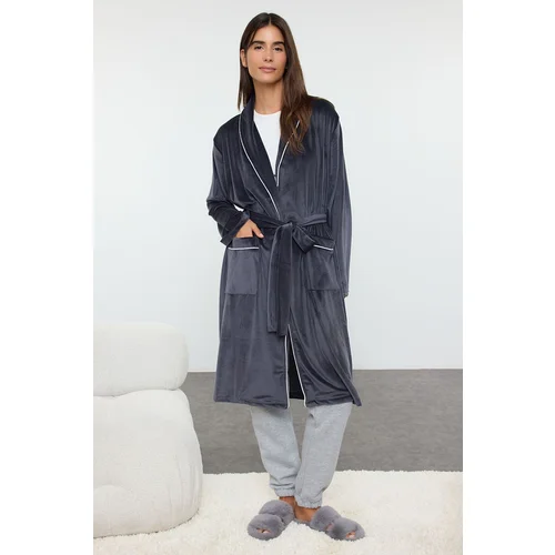 Trendyol Smoke Belted, Piping, Pocketed Velvet Knitted Dressing Gown