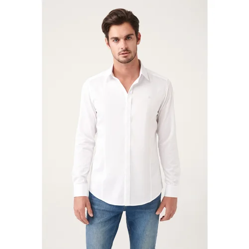 Avva Men's White 100% Cotton Satin Hidden Pocket Slim Fit Slim Fit Shirt