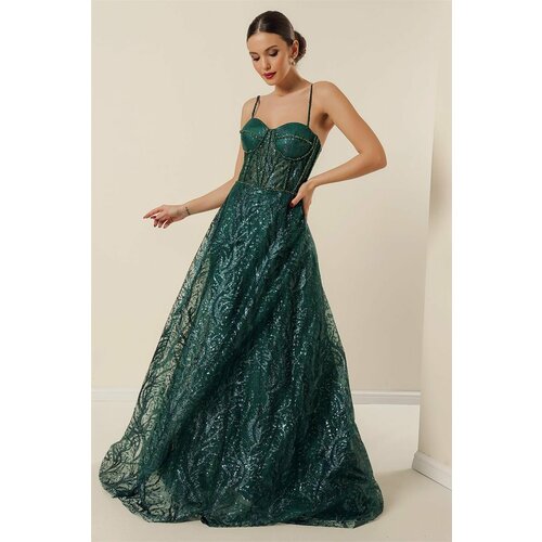 By Saygı Rope Straps with Beading Detail Lined Sequins And Glitter Underwire Long Dress Emerald Slike