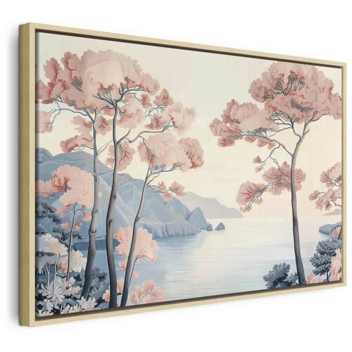  Slika - Landscape with the Ocean Cliffs and Trees in Delicate Pink Shades 120x80 U prirodnom drvenom okviru Cene