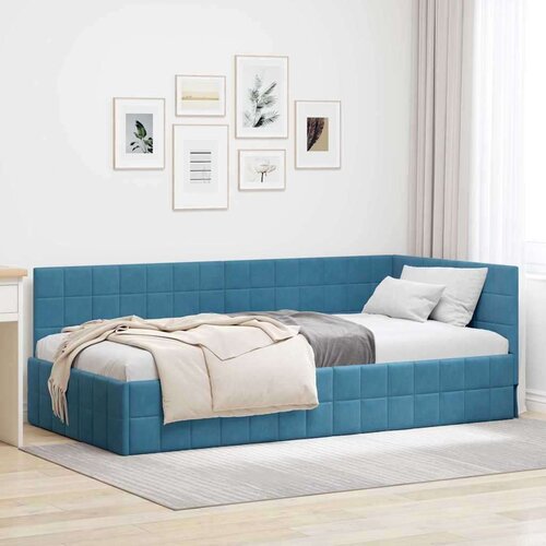 vidaXL Kotna postelja z vzglavjem Modra 90 x 190 cm Žamet Cene