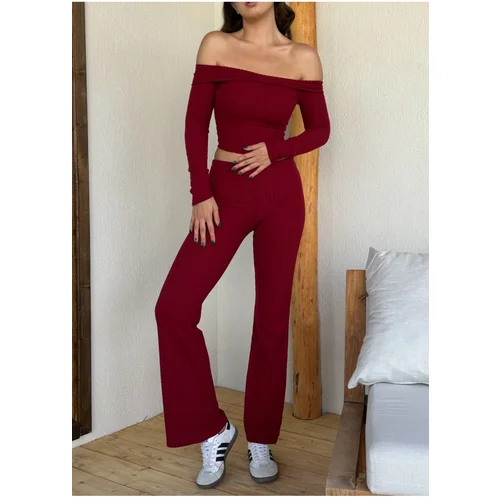 Trendyol Claret Red High Waist Flexible Ribbed Knitted Trousers