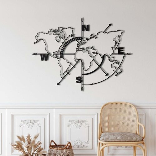 Wallxpert metalni zidni ukras 5266, mapa sveta sa ružom kompasa, 98 x 75 cm, crni Slike