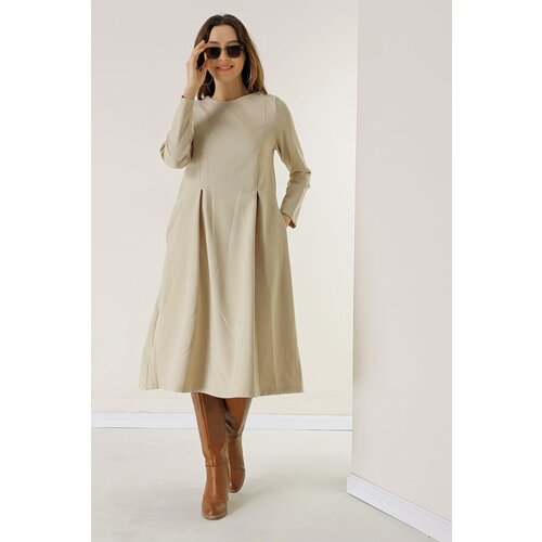 By Saygı Double Pleated Pocket Imported Knitted Crepe Dress Cene