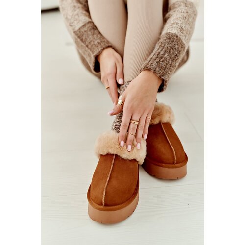 FS1 Leather Suede Slippers Women On Platform With Fur Camel Sophienne Slike