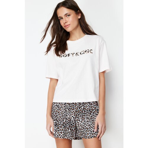 Trendyol White-Multi Color 100% Cotton Leopard Tshirt-Shorts Knitted Pajamas Set Slike
