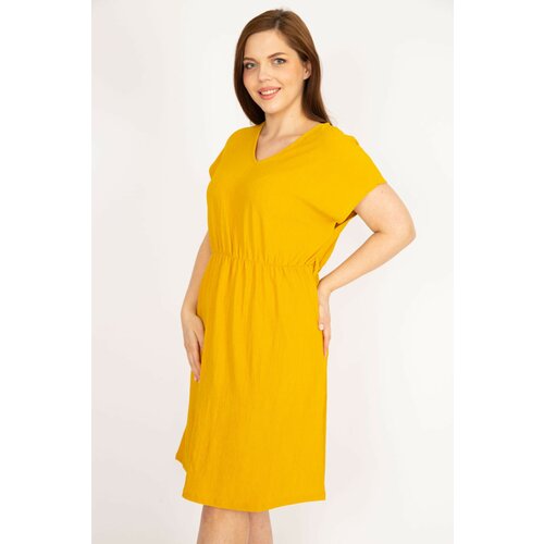 Şans Women's Mustard Plus Size Elastic Waist V-Neck Low Sleeve Dress Slike
