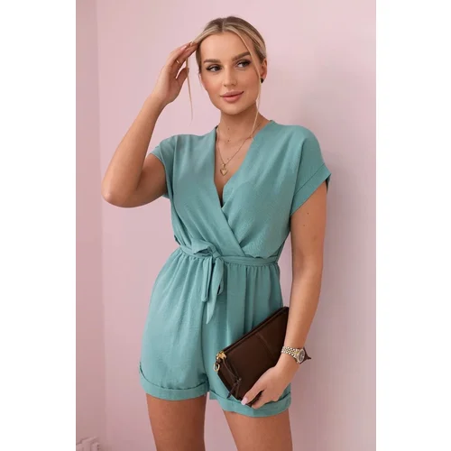 Kesi Short jumpsuit with a dark mint waist tie