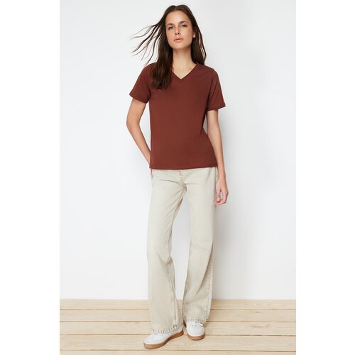 Trendyol Brown 100% Cotton Basic V-Neck Knitted T-Shirt Slike