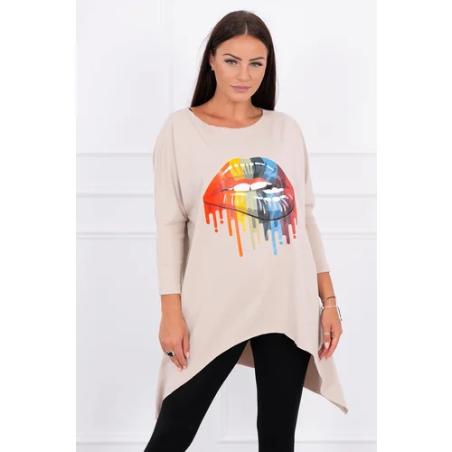 Kesi Oversize blouse with beige rainbow lip print