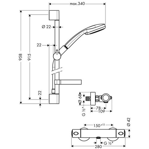 Hansgrohe 27085000 croma 100 multi / ecostat 1001 sl combi stenska termostatska armatura s tu&amp;scaron; setom Slike