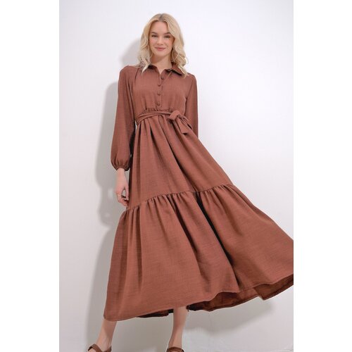 Trend Alaçatı Stili Women's Brown Buttoned Front Skirt Flounced Flamed Linen Maxiboy Dress Cene