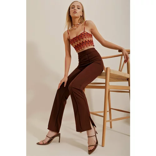 Trend Alaçatı Stili Women's Brown High Waist Front Slit Lycra Trousers