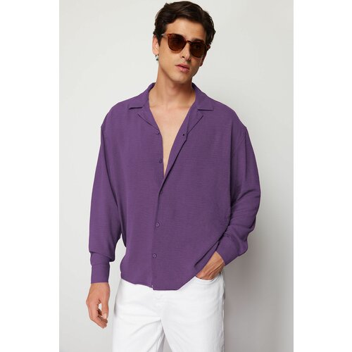 Trendyol Plum Oversize Fit Open Collar Summer Linen Look Shirt Cene