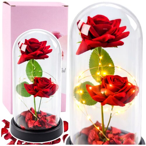 Eternal 2 Roses in Dome with LED Lighting and Rose Petals Red 21x11cm Slike