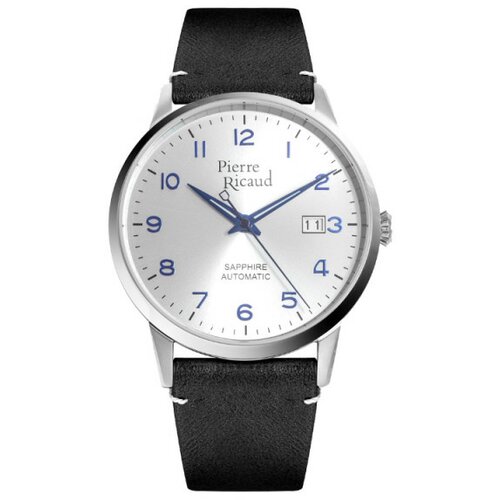 Pierre Ricaud muški automatic index arabic beli srebrni elegantni ručni sat sa crnim kožnim kaišem Slike