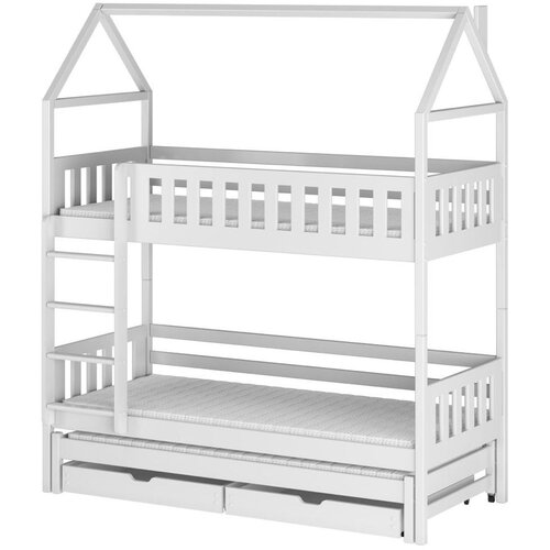 Molarem Home Drveni dječji krevet na kat Iga s tri kreveta i ladicom - bijeli - 190x90 cm - Bez madraca Slike