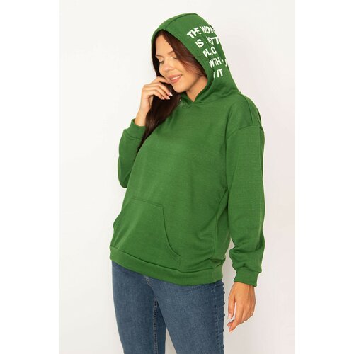 Şans Women's Plus Size Green Hooded Kangaroo Pocket Raising Fleece Sweatshirt Slike