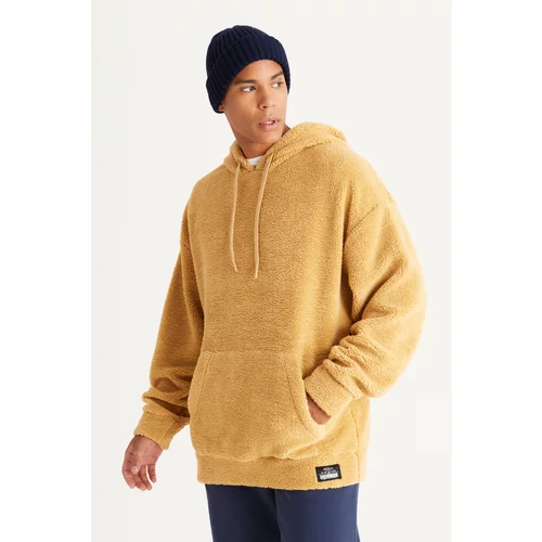 Altinyildiz classics Men's Mustard Oversize Wide-Fit Hooded Sherpa Sweatshirt Fleece