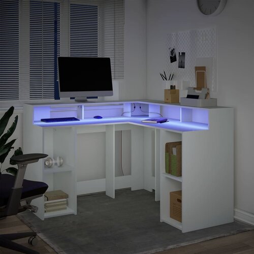  Radni stol s LED svjetlima bijeli 130 x 130 x 91 cm drveni Slike
