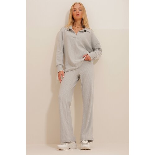 Trend Alaçatı Stili Women's Gray Polo Neck Top and Palazzo Trousers Knitwear Bottom and Top Set Slike