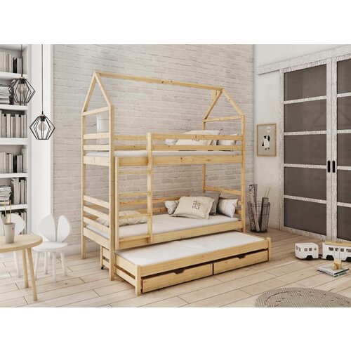 Drveni dečiji krevet na sprat dalia sa tri kreveta i fiokom - svetlo drvo- 190/200*90 cm Slike