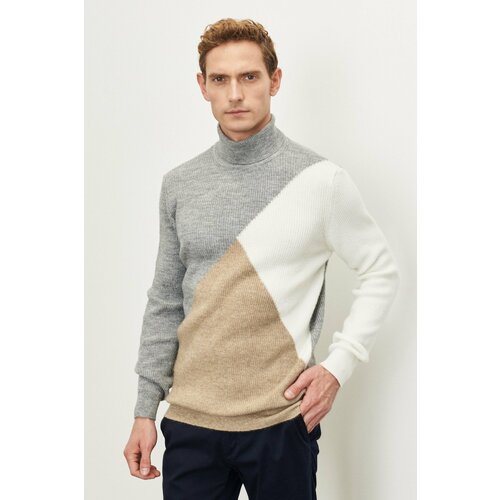 ALTINYILDIZ CLASSICS Men's Beige-gray Standard Fit Regular Cut Full Turtleneck Ruffled Soft Textured Knitwear Sweater Slike