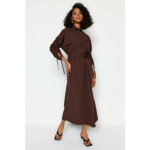 Trendyol Adjustable Detailed Sleeves With Brown Belt, Woven Cotton Shirt Dress