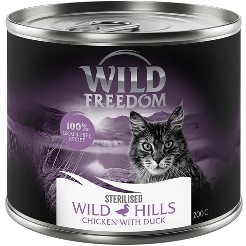 Wild Freedom Adult Sterilised 6 x 200 g - receptura brez žitaric - Wild Hills Sterilised - piščanec z raco