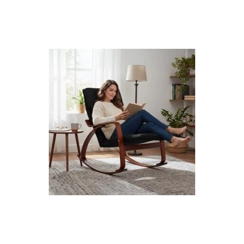 ModernHome TXRC-03 Walnut &amp;ndash; Stolica za ljuljanje s podesivim osloncem za noge, drveni okvir, nosivost 120 kg Slike