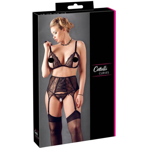 Cottelli Plus Size - čipkasto spodnje perilo Trio (črno) Slike