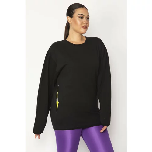 Şans Women's Plus Size Black Cotton Fabric Crew Neck Print Detail Sweatshirt
