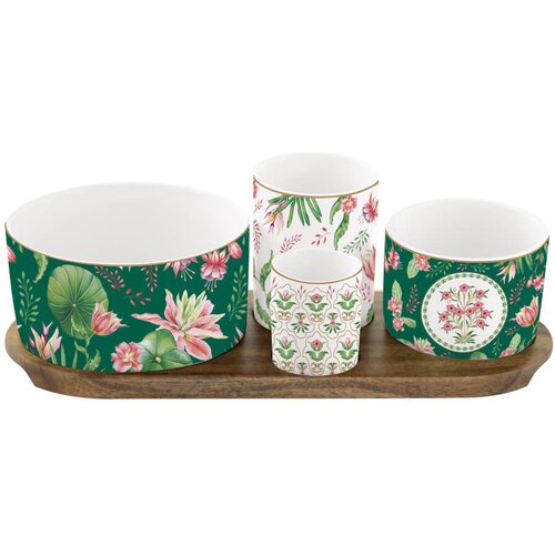 Easy Life Set skledice na lesenem podstavku Botanic Chic 29x13cm / porcelan. les, (5000200024) Cene