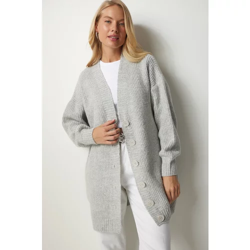 Happiness İstanbul Women's Gray Buttons Long Knitwear Cardigan