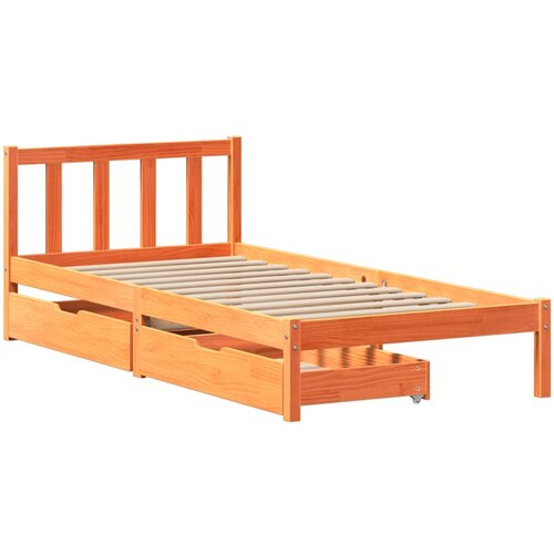 VidaXL Posteljni okvir s predali vo&amp;scaron;čeno rjav 100x200 cm borovina, (21303565) Slike