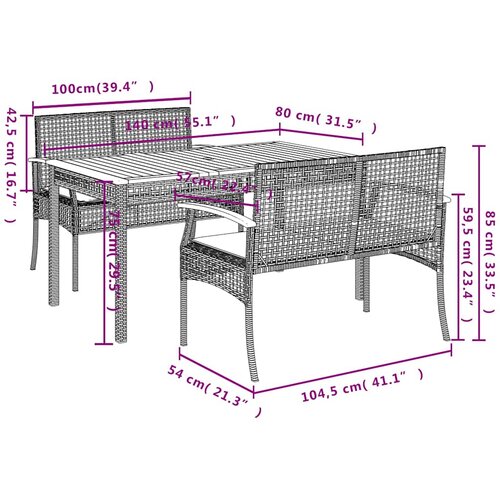 3-dijelni vrtni blagovaonski set s jastucima od poliratana crni Crna 140 cm table length Slike