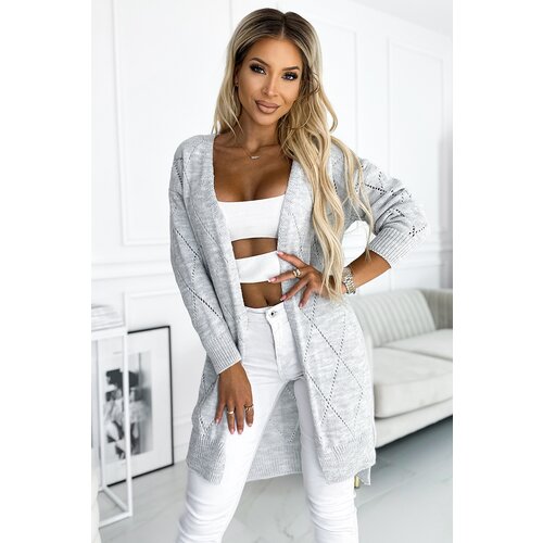 Numoco 486-1 Cardigan - sweater cape with longer back in openwork diamond - GREY Slike