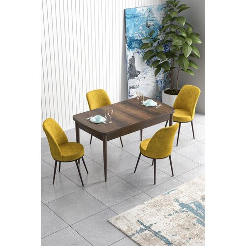 Hanah home trpezarijski set Han, sto na razvlačenje i 4 stolice, ploča u dekoru drveta Baroque, senf žuta tkanina Jerry Cene