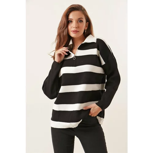 By Saygı Striped Zipper Acrylic Sweater Black