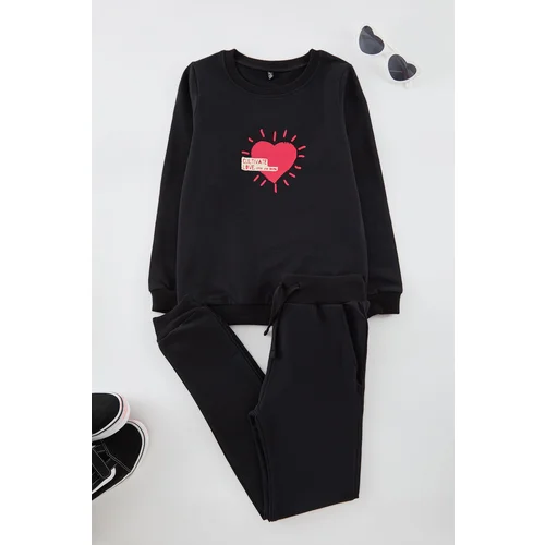 Trendyol Black Girl Heart Printed Knitted Bottom-Top Set