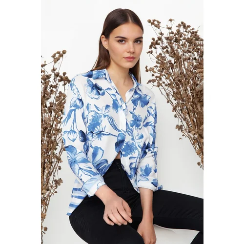 Trendyol Blue Floral Patterned Regular Fit Woven Shirt