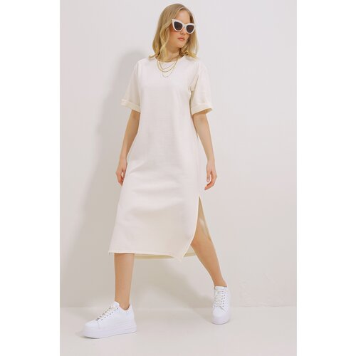 Trend Alaçatı Stili Women Ecru Crew Neck Double Sleeve Slit Dress Slike