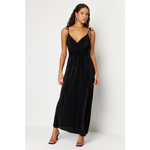 Trendyol Black Belted Waist Opening/Skater Knitted Lined Pleated Elegant Evening Dress Slike