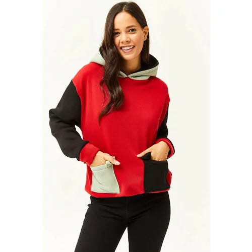 Olalook Women's Red Sea Green Color Block Fleece Inner Sweatshirt